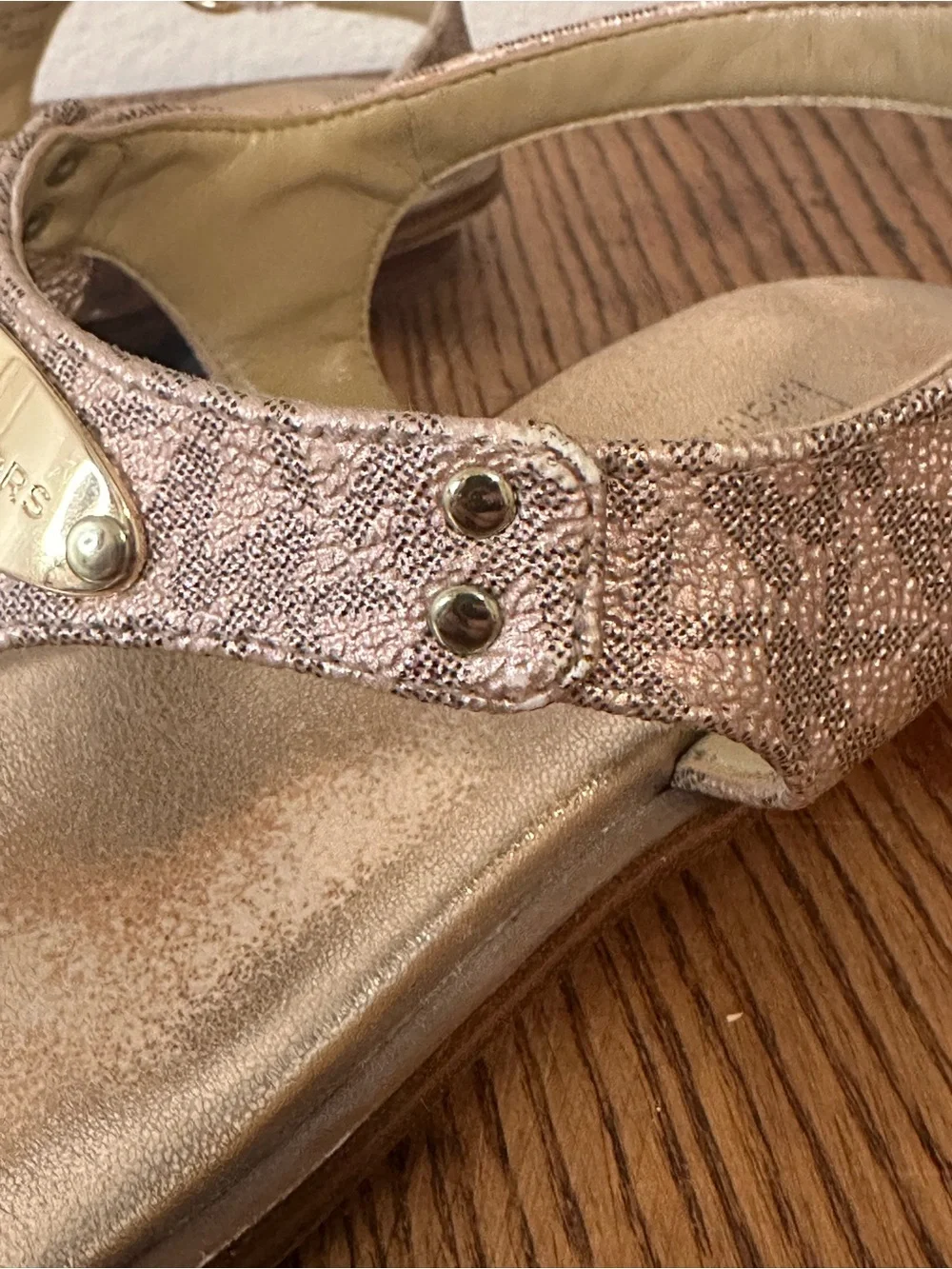 Michael Kors Metallic Rose Gold MK Logo T-Strap Sandal